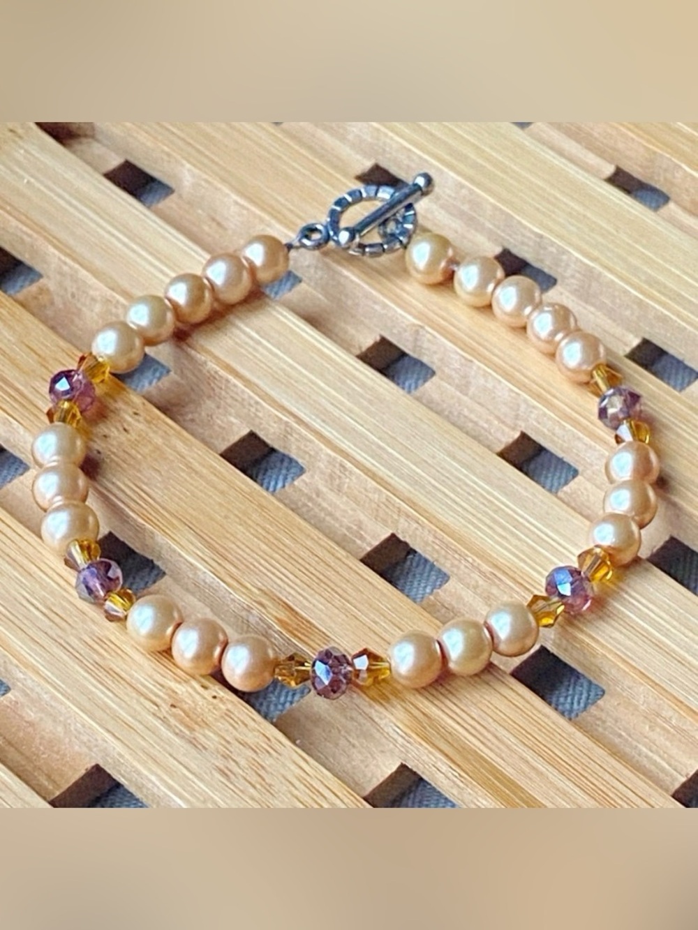 Champagne Plum Crystal Pearl Bracelet Silver Toggle Handmade Statement